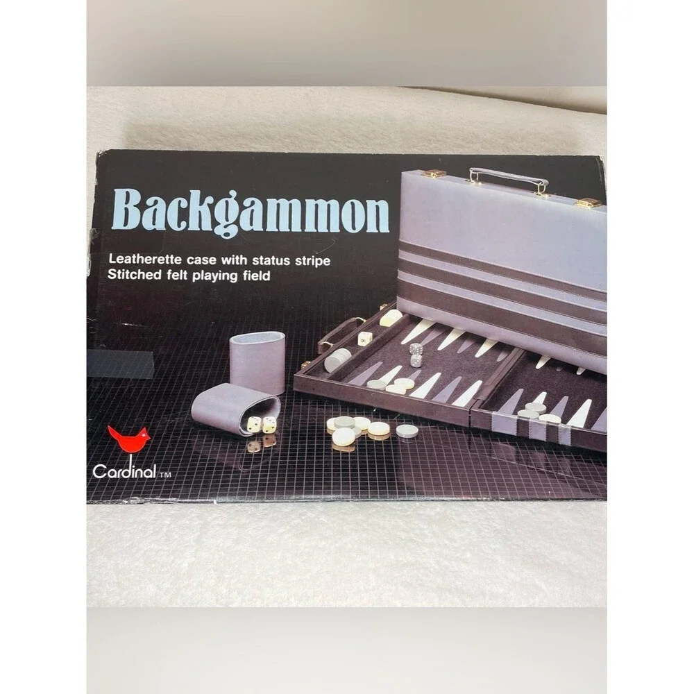 Cardinal Backgammon Game Vintage Faux Leather Travel Case Complete Gray Ivory
